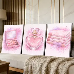 3 Counts Wooden Framed Canvas Painting, Pink Makeup Perfume Books Images, Exquisite Poster, Perfect Living Room Decoration, Modern Art, Fashion Family Poster, Wall Art Decoration, Waterproof Art, Home Decor Supplies
