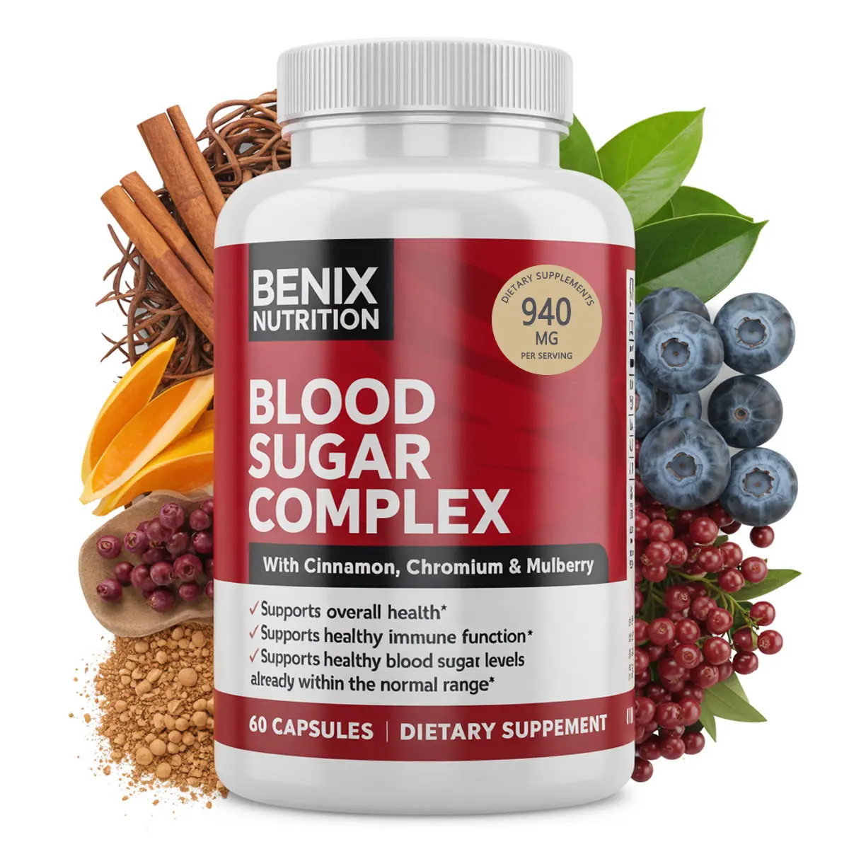 Blood Sugar Complex Supplement - Supports Healthy Blood Sugar Levels Already Within Normal Range All Natural with Cinnamon, Bitter Melon, Chromium, Mulberry, Alpha Lipoic Acid, Non-GMO, 60 Capsules