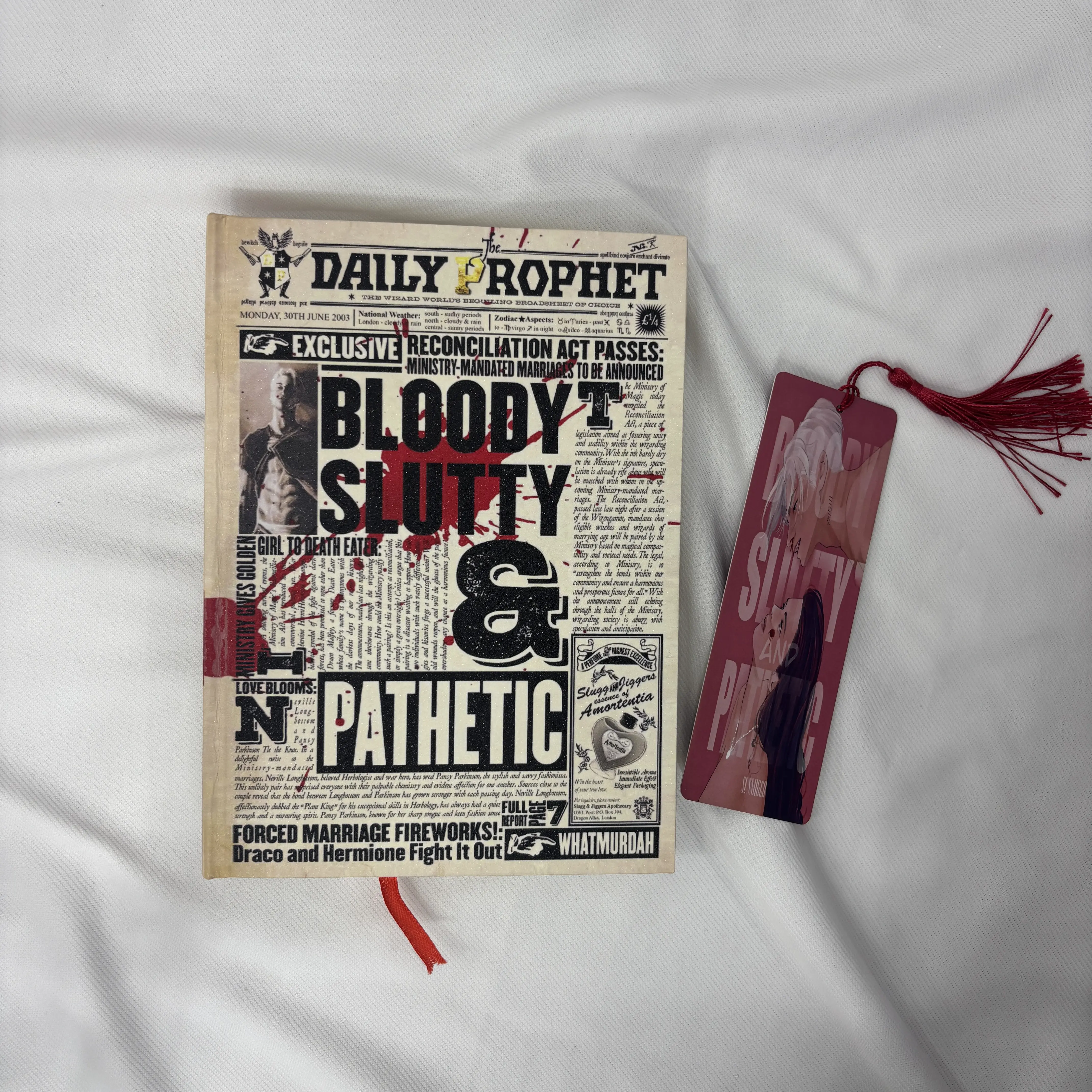 Bloody, Slutty and Pathetic Hardcover Book, Dramione Forced-Marriage Romance, Newspaper-Style Cover, Free Bookmark Included