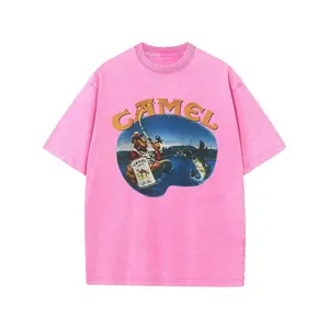 Camel Joe Fishing Vintage Washed Pink Graphic Tee Retro 90s Cigarette Mascot Print Crewneck Short Sleeve Oversized Heavyweight Cotton Casual Streetwear Loose Fit Summer Fashion Unisex Top for Men Women