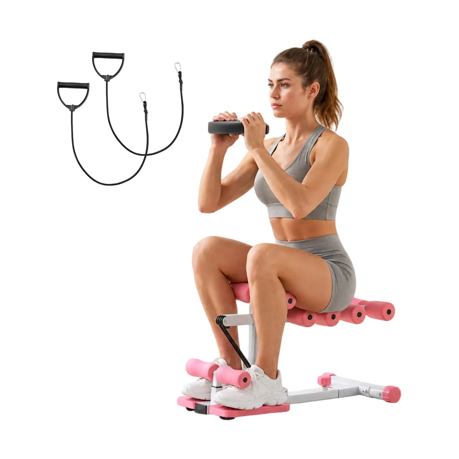 VEVOR Deep Squat Machine, Adjustable Glutes Trainer Machine with 3 High-Strength Resistance Bands, Folding Core Leg and Glutes Exercise Trainer, Push Up Workout Equipment at Home Gym, Pink + White