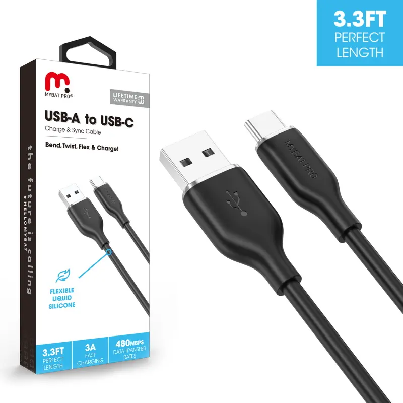 MyBat Pro USB-A to USB-C Liquid Silicone Electronic Cable, 3.3FT Black Flexible Mobile Charger Cable with 480Mbps Data Transfer & Fast Charging Capabilities