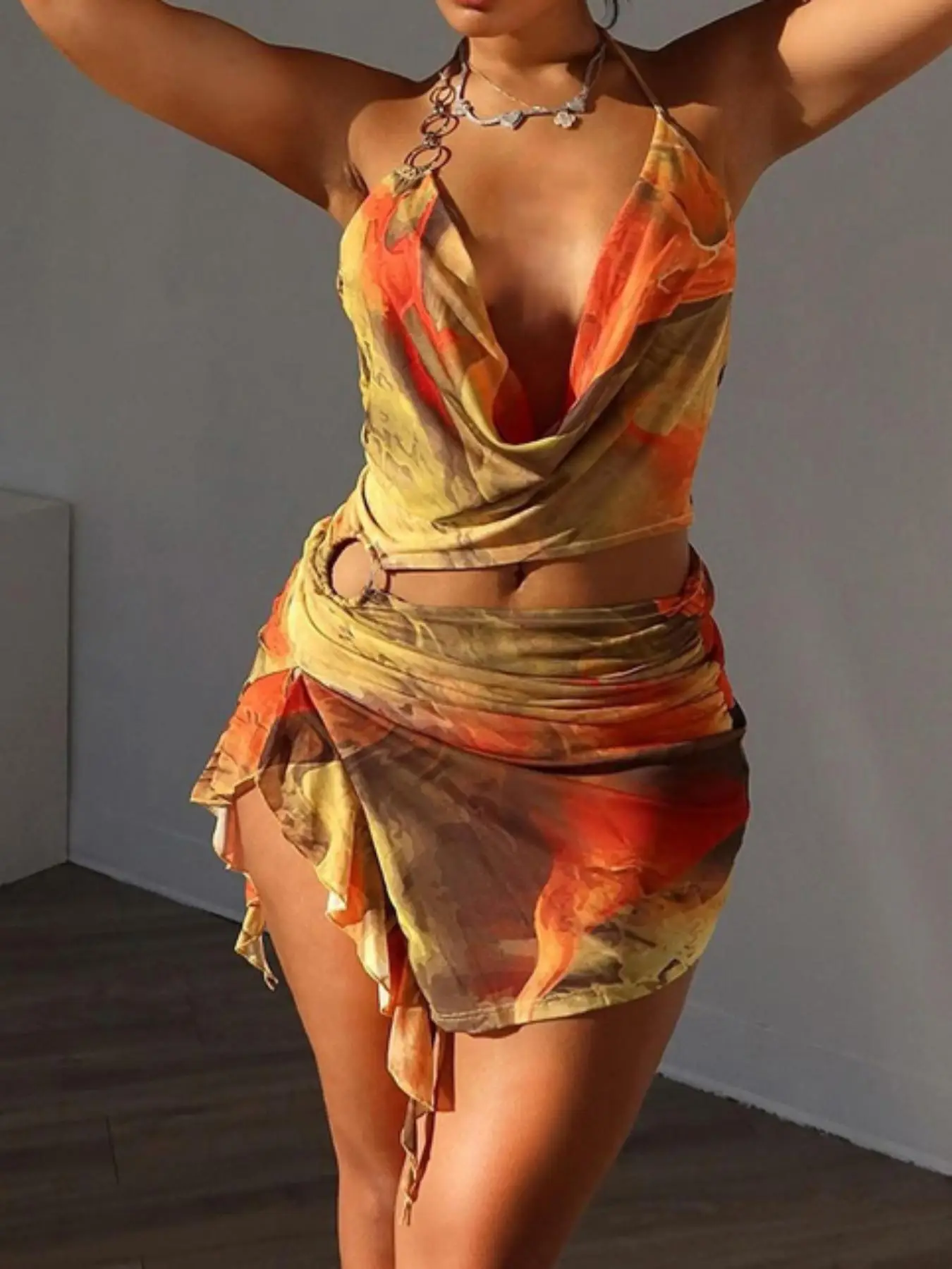 Women's All Over Print Backless Cami Dress, Fashion Draped Ring Linked Split Thigh Halter Dress for Summer, Ladies Clothes for Beach Holiday, Dresses