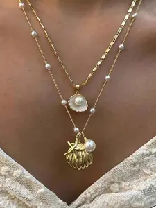 Shell & Starfish Design Pendants Necklace, Beach Jewelry, Charms Daily Wear Necklace for Women for Party, Daily Decor, All-match & Exquisite Dainty Fashion Jewelry, Necklace Set, Boho Style Necklace