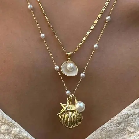 Shell & Starfish Design Pendants Necklace, Beach Jewelry, Charms Daily Wear Necklace for Women for Party, Daily Decor, All-match & Exquisite Dainty Fashion Jewelry, Necklace Set, Boho Style Necklace, Dainty necklaces, Dainty layering jewelry