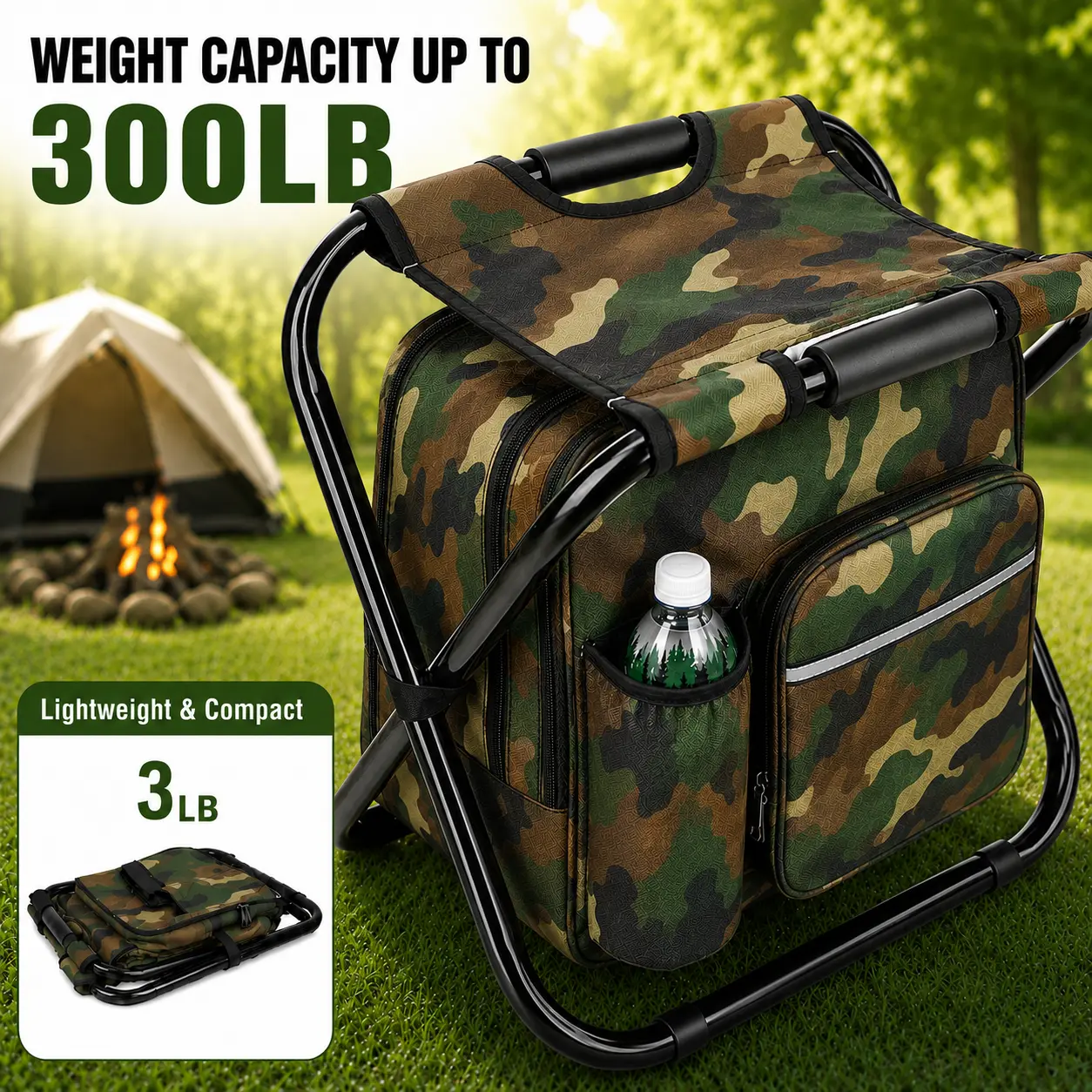 Folding Fishing Stool Backpack, 3-in-1 Portable Camo Oxford Chair with Insulated Cooler Bag for Camping & Hiking, Supports 300 lbs