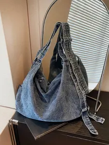 Casual style denim tote bag, women's large capacity retro style Lightweight shoulder bag, versatile commuter Handbag crossbody bag, niche minimalist dumpling bag, single shoulder crossbody casual bag