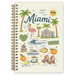 Miami Travel Spiral Notebook, with dimensions of 5.5 x 8.3 inches, features high-quality grid paper, a sturdy spine, and is perfect for students' urban art notes. It is a compact souvenir, a creative gift, and a travel diary.