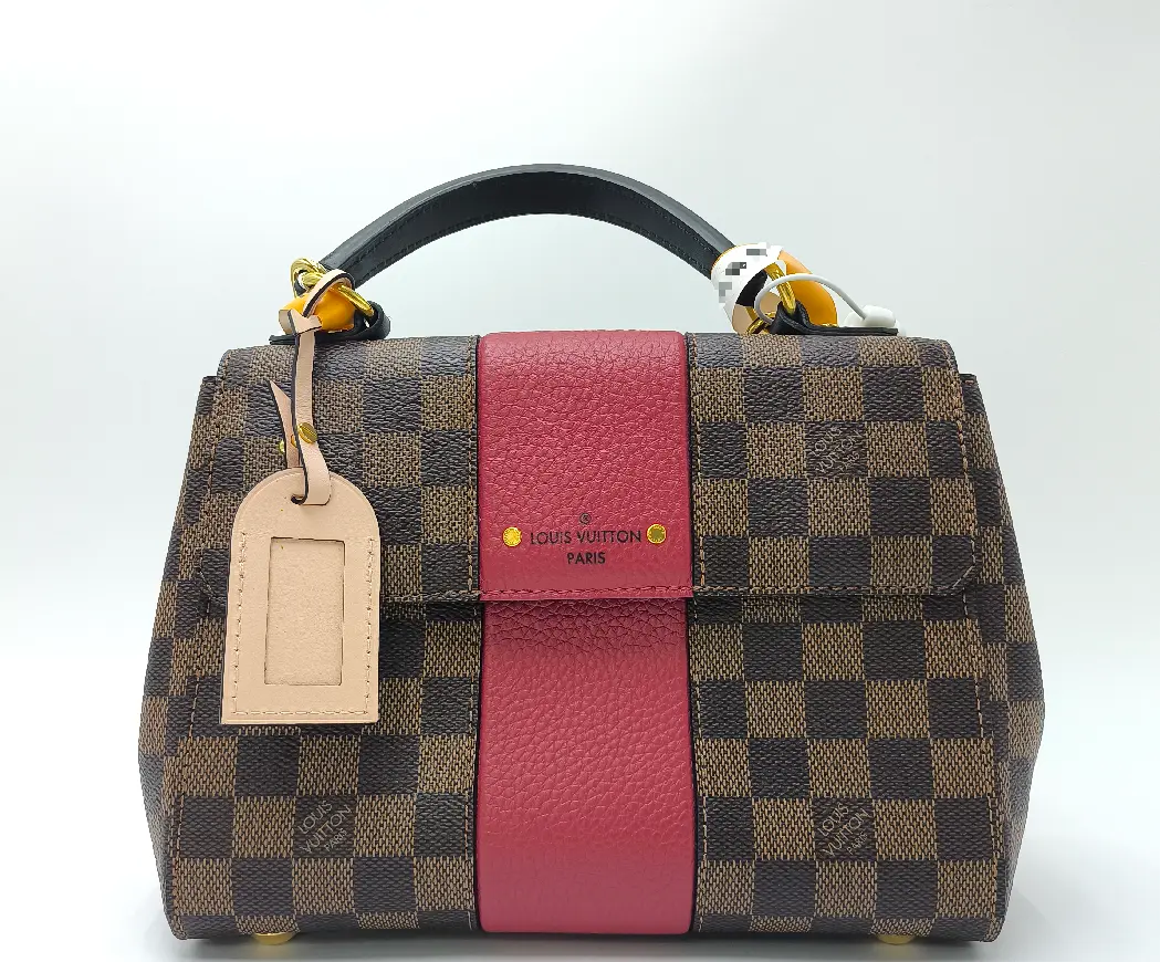 Pre-owned Louis Vuitton Canvas Shoulder Bags Speedy Bandouliere Mini Brown Damier Ebene With Red Pebbled Calfskin Panel Top Handle Crossbody Bag Gold Hardware