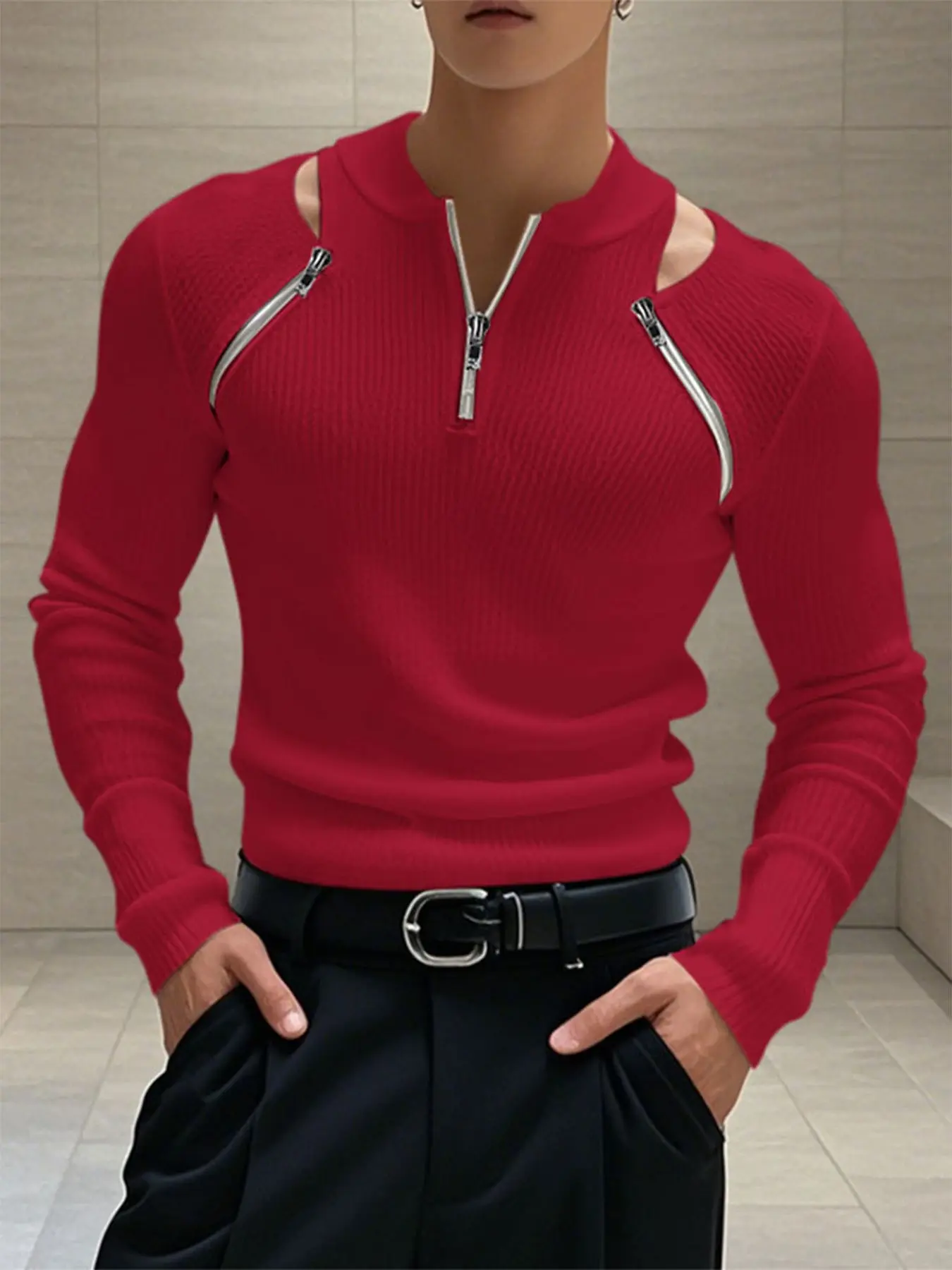 INCERUN Men's Fashion Aesthetic Knitted Hollow Out Zipper Long Sleeve Solid Color T-Shirt Knitwear, Casual Slim-Fit Top for Summer Daily Wear