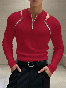 INCERUN Men's Fashion Aesthetic Knitted Hollow Out Zipper Long Sleeve Solid Color T-Shirt, Casual Slim-Fit Top for Summer Daily Wear