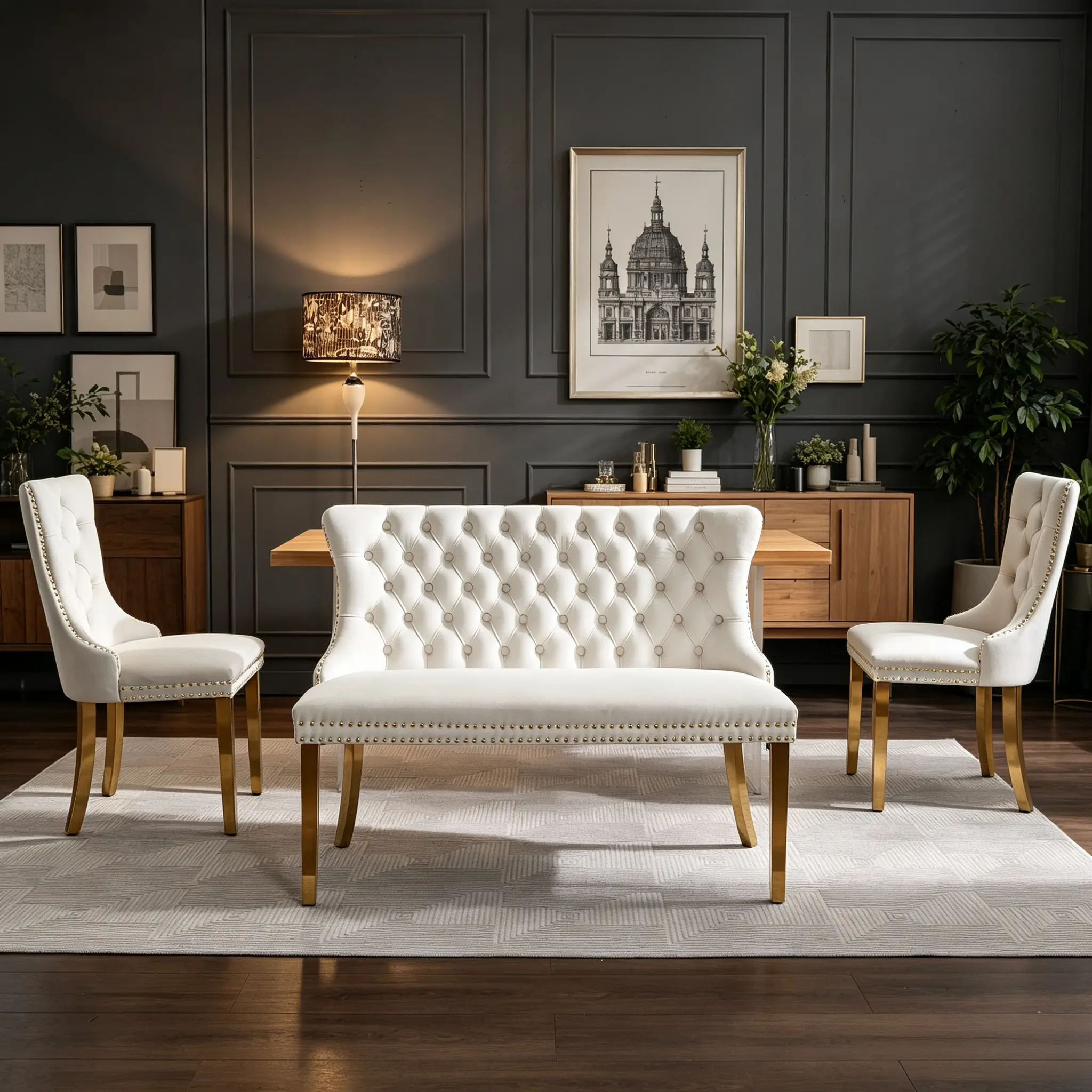 Velvet Double Dining Loveseat Bench, Tufted Wing Back 2-Seat Kitchen Dining Seating, Handmade Button Decor, Gold-Plated/Brushed Silver Stainless Steel Legs (2 Options), Mid-Century Modern Luxury Upholstered Home Decor Furniture, 2-Person, Hand-Tufted