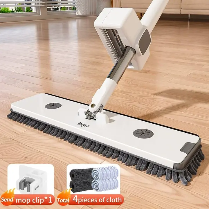 Meyra Oversized Flat Squeeze Mop Set - 16.5in (42cm) Hands-Free Squeeze Tool, Clip-On Stability, Washable Microfiber Pads, Disposable Cloths Compatible, Easy Care, Gentle on Hardwood Tile Laminate Floors, Efficient Cleaning (1 Set)