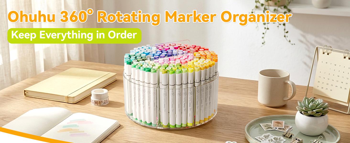 Ohuhu Marker Organizer: 360° Rotating Clear Acrylic Holder with Hidden Handle, 10 Compartments for Alcohol Markers, Pens & Pencils, Home Classroom Office Desk Organizer