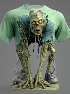 Zombie Design Short Sleeve T-Shirt, Halloween Fashion, Digital Print, Unique Pattern, Comfortable and Breathable, Casual Outdoor Wear
