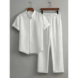 Men’s solid plain short-sleeve button-up shirt and pants two-piece set, regular fit, casual, comfortable, breathable top and trousers for summer, men’s clothing for daily wear