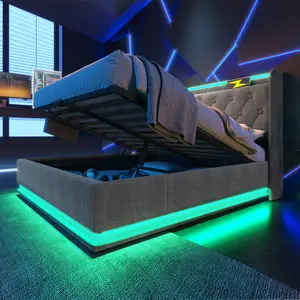 Upholstered Queen Size Bed with Lift Up Storage & LED Lights, Hydraulic Storage Bed with USB Type-C Charging, Linen Queen Bed Frame with Headboard, Gray