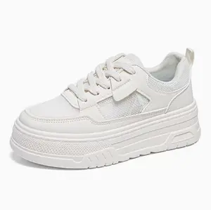 Chunky platform walking trainers, full ivory breathable perforated mesh & smooth cream synthetic leather, unified textured layered white platform outsole. Light cushioned insole eases foot strain for office commutes, campus and shopping trips.