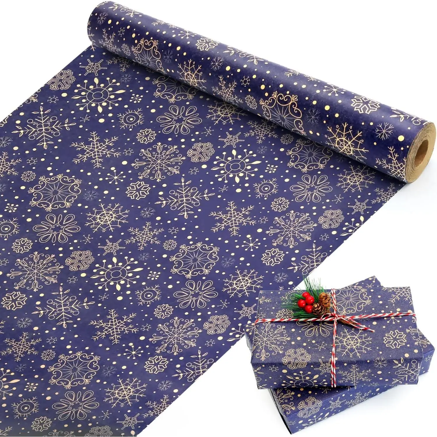 Christmas Wrapping Paper Roll, Navy Blue and Brown   Wrapping Paper  Roll, Snowflake Recycle Christmas Wrapping Paper for  Wrapping Arts Crafts Decorations, 17x590 Inch.