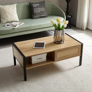 40.16" Rattan Coffee Table, Sliding Door for Storage, Metal Legs, Modern Table for Living Room