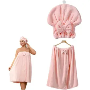 Plus-Size Adjustable Bath Skirt & Quick-Dry Cap Set, Soft Coral Fleece,Skin-Friendly Coral Fleece, Fast Absorption ,Women'S Soft Wrap Towel Full LengthBath Robe After Shower Female Plush LongSpa Bathrobes