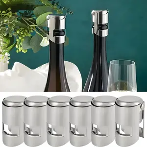 6pcs Champagne Sealer Stopper Stainless Steel Sparkling Wine Bottle Plug Sealer with Sealing Plug Bottle Stopper Kitchen Accessories for Champagne Utensils