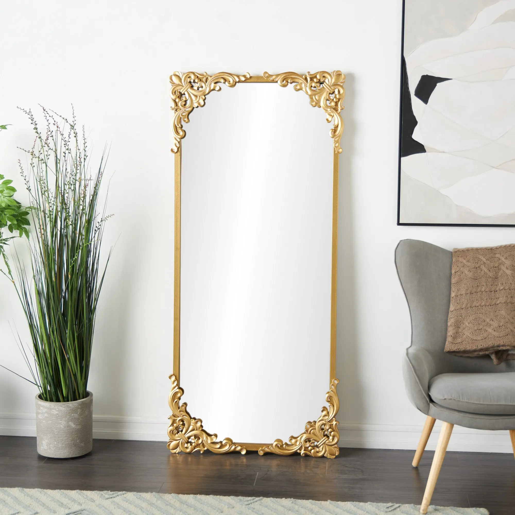 Scroll Gold Metal Tall Ornate Baroque Room Floor Mirror Antique Full Length