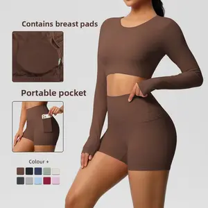 New Solid Color Double-Sided Nylon Brushed Yoga Outfit with Chest Pads, Two-Piece Sports Running Fitness Set for Women