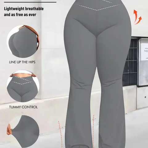 Women's Plus Size Cross-Waist High-Rise Stretchy Elastic Flare Leg Pants, Fitted Comfortable Style, Casual Daily & Commuter Wear, All Seasons, Elasticity High Waist