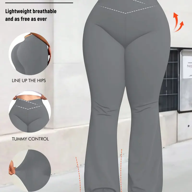 Women's Plus Size Cross-Waist High-Rise Stretchy Elastic Flare Leg Pants, Fitted Comfortable Style, Casual Daily & Commuter Wear, All Seasons, Elasticity High Waist