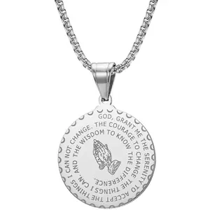 Serenity Prayer Necklace with Praying Hands Coin Pendant,Stainless Steel 24 inches,Gift of Faith for Men and Women