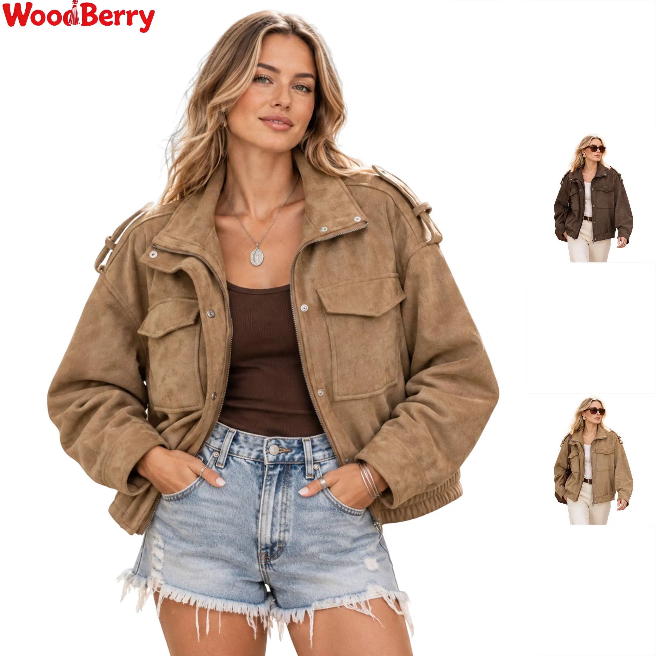 WoodBerry Womens Fall Winter Suede Bomber Jacket Oversized Cropped Coat Long Sleeve Stand Collar Zip Up Cargo Jackets with Flap Pockets