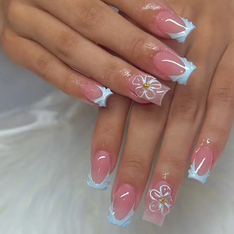 24pcs Square French Nail Set, Flower and Wave Design, Nail Art Design, Summer Nails, DIY Fake Nails, Easy Wear Acrylic False Nails Kit, Includes Jelly Glue and File, Nail Art Supplies, Nail Art Products