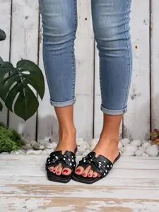 Vintage Wave Pattern Bow Flip Flops for Women, Summer Indoor Outdoor Flat Slippers, Non-Slip Versatile Sandals, Comfortable Casual Footwear