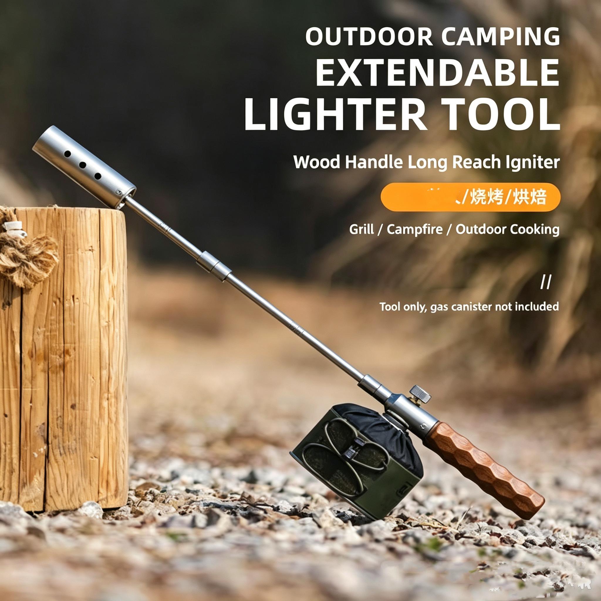 Foldable Adjustable-Flame Campfire Igniter with Extendable Rod, Portable Charcoal Starter Tool for BBQ Grilling, Outdoor Camping, Fits Gas Canister (Gas Canister Sold Separately)