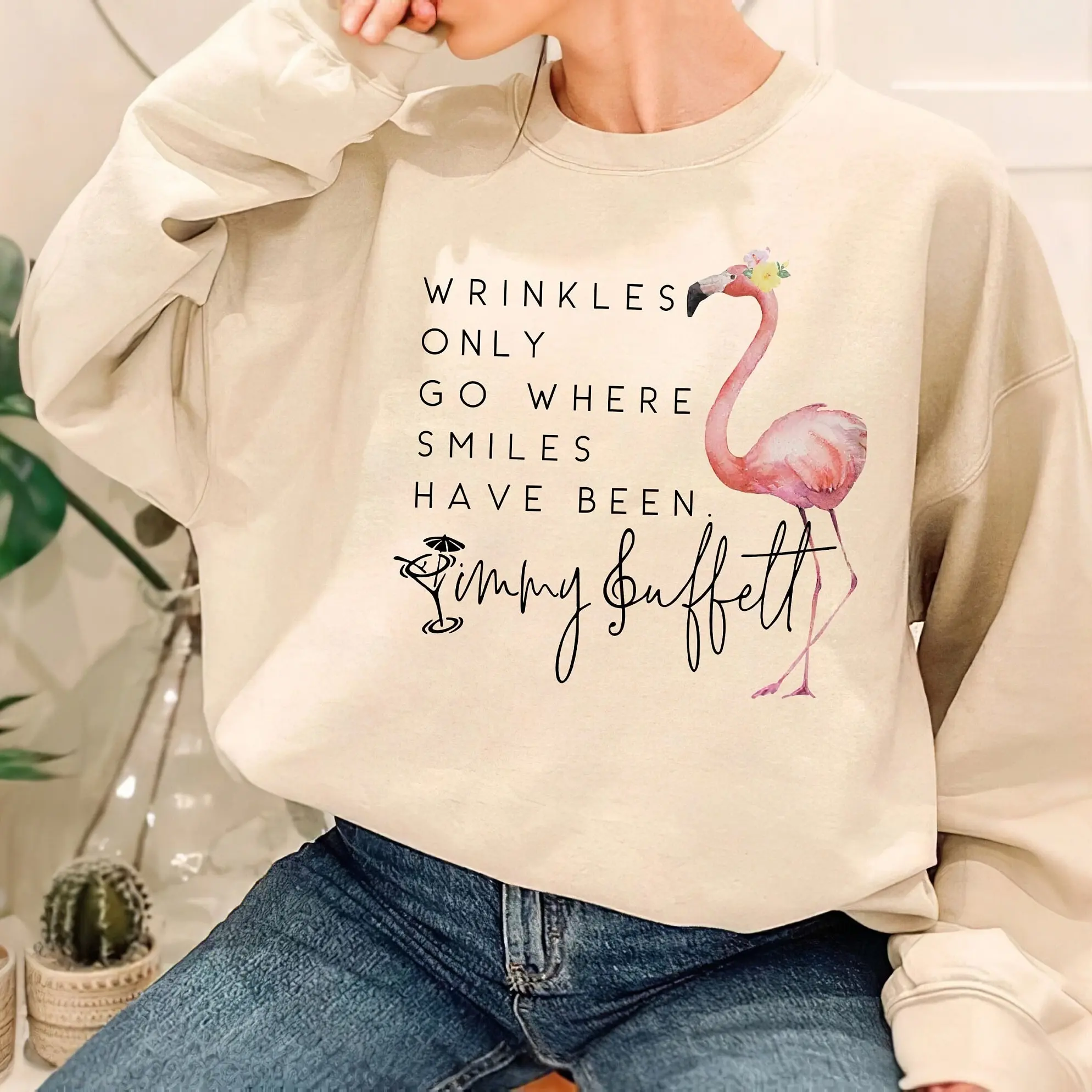 Flamingo Jimmy Buffett Sweatshirt, Wrinkles Only Go Where Smiles Have Been, Parrotheads Gift, Unisex Sweatshirt