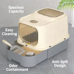 Fully enclosed drawer cat litter box with shovel, cat pad, deodorant, double-door large-capacity plastic cat toilet and top deodorant cat toilet, suitable for small, medium and large cats