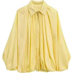 Women's Puffed Bomber Jacket Oversized Lapel Collar Streetwear Coat Long Casual Batwing Sleeve Zip Pleated Shirts