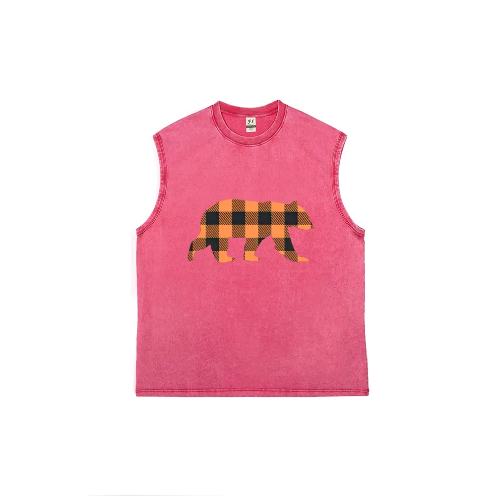 BearlyBrand Orange Gay Bear Buffalo Check Plaid Bear Washed Cotton Tank Top for Men, LGBTQ+ Bear Community Flannel Graphic Sleeveless Muscle Shirt, Distressed Summer Pride Undershirt