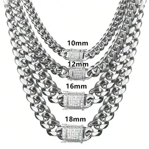 8-14mm wide Stainless Steel Cuban Miami Chains Necklaces CZ Zircon Box Lock Big Heavy Link Chain for Men Hip Hop Rock jewelry