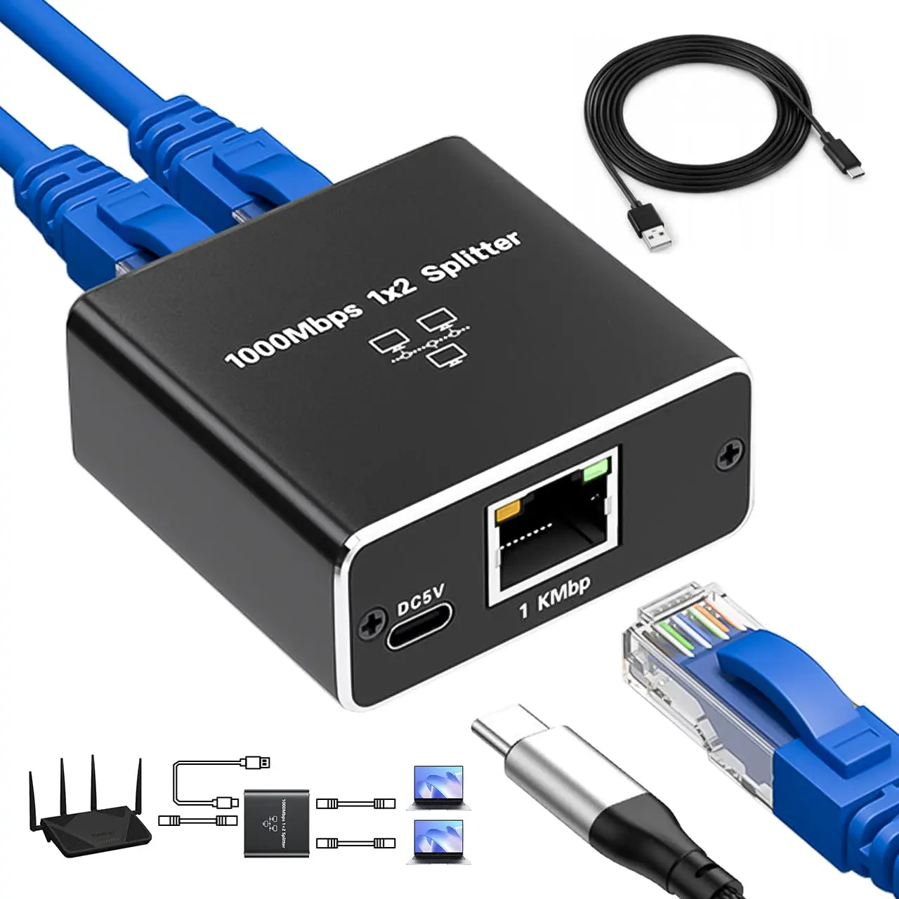 Gigabit Ethernet Splitter 1 to 2, RJ45 LAN Splitter for Cat8/7/6/5e/5 1 Input 2 Output • 1000Mbps • USB-C Powered • Home Office & Gaming • Stable Router Connection
