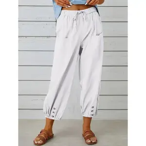Digital Treasure Shop1 Wide Leg Capri Pants, Loose Casual Drawstring Waist Pants, Women's Clothing Bottoms Minimalist