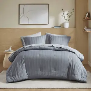 360 stand AM10-0554 Woven Striped Microfiber Bedding Comforter Set - Full Size, Blue & Gray, Soft, Breathable Fill, Minimalist Bedroom Use, Microfiber Bedding Set