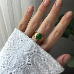 Gold Green Gemstone Women Casual Ring Stainless steel + gift bag
