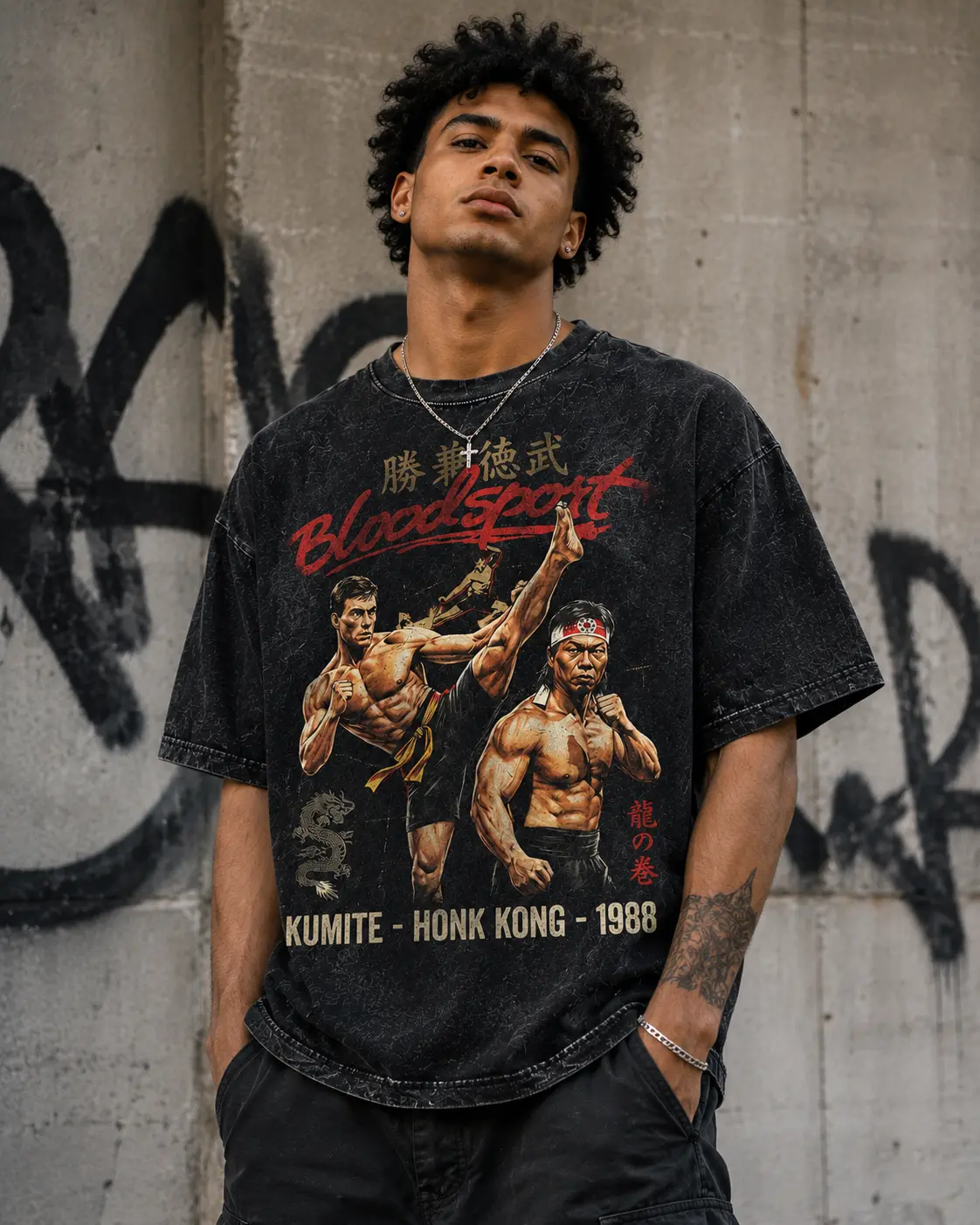 Men's Bloodsport Kumite Hong Kong 1988 Graphic T-Shirt, Vintage Martial Arts Fight Tee, Washed Oversized Crew Neck Streetwear, Retro Action Movie Fan Gift