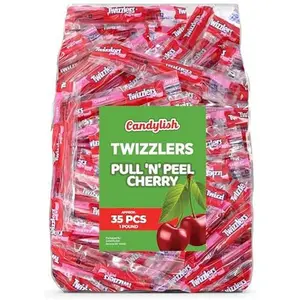 Twizlers Pull 'n' Peel Cherry Bulk Pack, 1 lb (Approx. 35 Pieces) - Fun and Delicious Cherry Flavored Licorice Candy