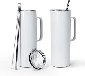 USA 30pcs 20oz Sublimation Blank Tumblers Wholesale Straight Skinny Tumbler with Handle Straw Lid Stainless Steel Double Wall Insulated Tumblers Bulk