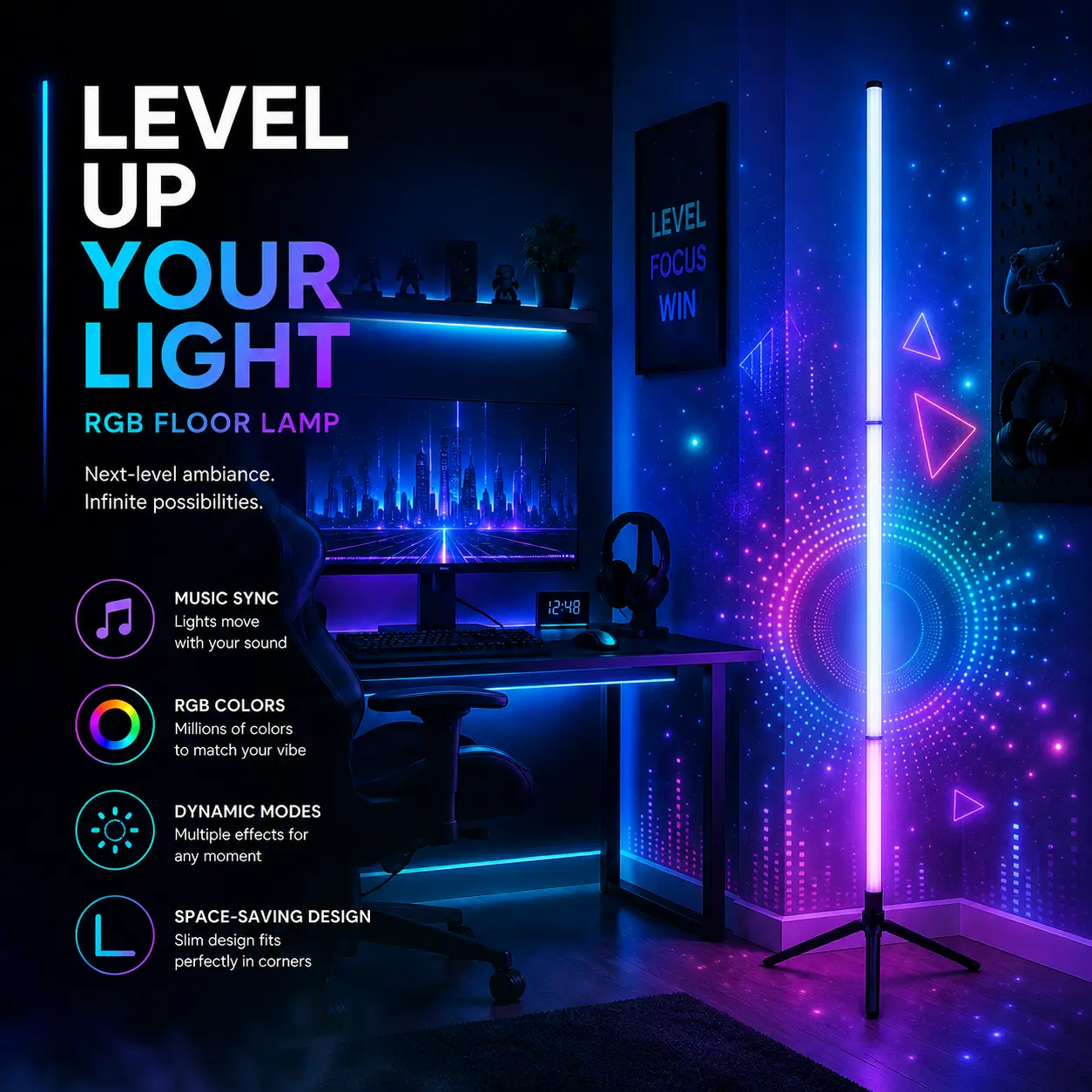 1PC/2PCS RGBIC Corner Aura Floor Lamp, LED Accent Light with Music Sync, Layered Color Motion, App & Remote Control, Dimmable Brightness and Timer for Bedroom, Game Room & TV Space