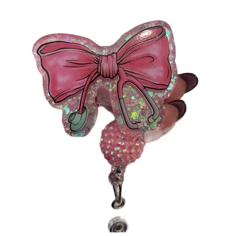 Pink bow  retractable interchangeable Badge Reel