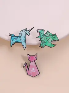Cartoon Badge Origami Fantasy Style Geometric Lines Watercolor Design with Cat Unicorn Dragon Pattern, Art Lover Daily Wear Decoration